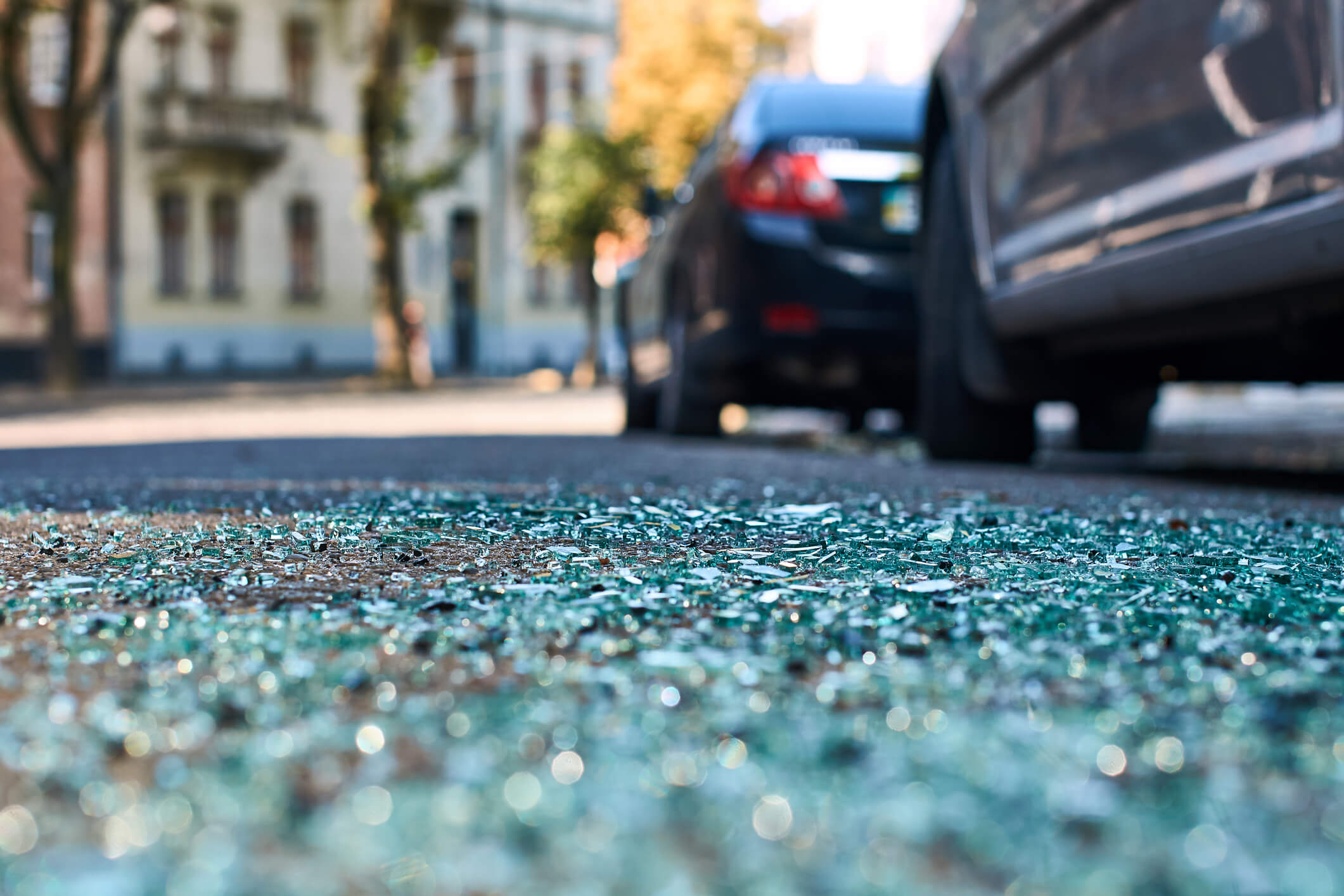 Car accident with broken glass on the road