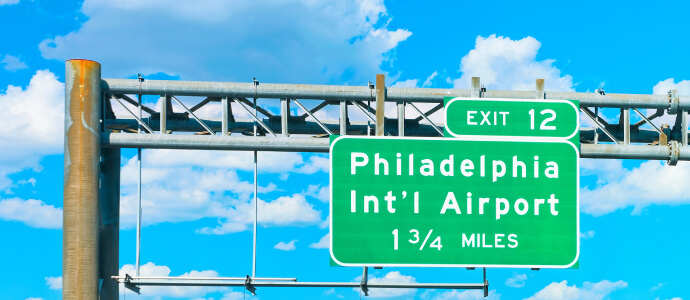 Highway sign reading Philadelphia International Airport